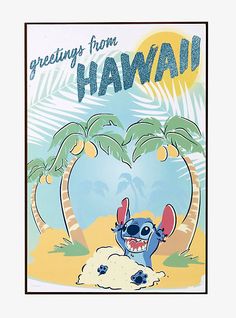 an image of a cartoon character with the words greetings from hawaii in front of palm trees