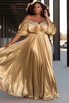 Xpluswear Design Plus Size Formal Gold Off The Shoulder Puff Sleeve Half Sleeve Ruffled Glitter Maxi Dresses - Xpluswear Baby African Clothes, Pregnant Lady, Shoulder Puff Sleeve, Plus Size Formal, Bridesmaid Dresses Online, Dress Stores Online, Online Stores, African Clothing, Half Sleeve