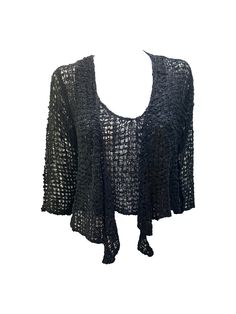 Material: Acrylic, Polyamide Colour: BLACK SIZE OF VEST  Free Size: 8- 18 Bust: 44'' Length: 18'' SIZE OF SHRUG  Free Size Fits up to 18 Bust: 44'''' Approx Sleeve Length: 17'' Approx Length: 21'' Approx Add a touch of boho chic to your outfit with this stunning women's mesh crochet shrug vest top. The free size design makes it suitable for sizes 8-18, and the wrap style and long sleeves add an elegant touch. The black colour and crochet fabric type give it a festival-ready feel, perfect for any Black Crochet Lace Tops For Party, Fitted Black Crochet Lace Top, Black Stretch Open Knit Cardigan, Black Fitted Crochet Lace Top, Fitted Black Top With Crochet Lace, Elegant Black Open Knit Tops, Black Fitted Crochet Top For Fall, Black Crochet Top For Summer Party, Black Open Knit Top For Party