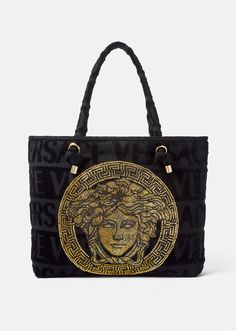 Versace Men's Crystal Medusa Towel Tote Bag in black | Versace US Versace Tote Bag, Pool Essentials, Versace Bag, Craft Tote Bag, Versace Home, Fabric Tote, Terry Towel, Versace Men, Beach Tote