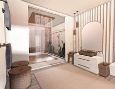 the bathroom is decorated in neutral colors and features a large mirror, tub, sink, toilet, and shower