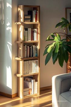 a living room filled with furniture and a tall wooden book shelf next to a plant