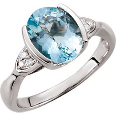 Aquamarine and diamond accented ring  Style #67285 Luxury Blue Aquamarine Diamond Ring, Half Bezel Ring, Silver Aquamarine Birthstone Ring, Oval Cut, Accented Ring, Tools Packaging, Nickel-free Blue Aquamarine Jewelry, Oval Blue Topaz Multi-stone Gemstones