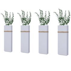 four white vases with green plants in them on a white surface, one is empty and the other has a brown ribbon