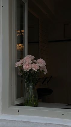 pink carnations are in a vase on the ledge of a window sill