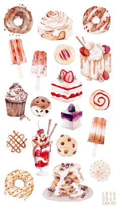 watercolor painting of different desserts and pastries