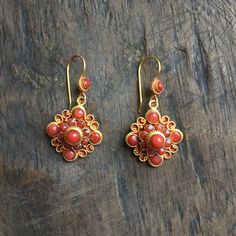 Corals set on 24k Vermeil in the shape of Mandala Approximate dimensions; L 1.5 X W0.75 inches Coral Jewelry Vintage, Tibetan Earrings, Mandala Earrings, Earrings Design, Coral Jewelry, Gold Jewelry Fashion, The Shape, Vintage Costume Jewelry, Mandala Design