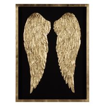 two gold angel wings in a black frame