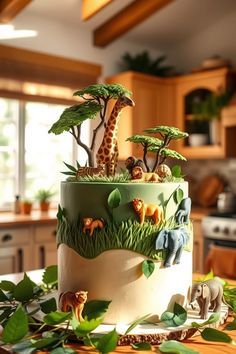 a giraffe and zebra themed cake on a table