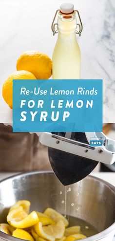 lemons are being squeezed into a pan with a bottle of lemon syrup in the background