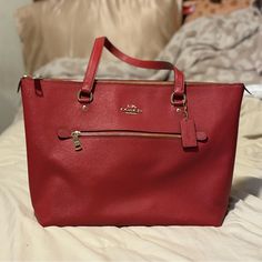 Coach Gallery Tote In Red Apple Crossgrain Leather With Goldtone Hardware. Crossgrain Leather Inside Zip, Cell Phone And Multifunction Pockets Zip-Top Closure, Fabric Lining Handles With 10 1/4" Drop Outside Zip Pocket 12 3/4" (L) X 10 1/2" (H) X 5 1/2" (W) Style No. 79608 Only Used Once! Coach Gallery Tote, Bags Coach, Red Apple, Zip Top, Coach Bags, Zip Pockets, Cell Phone, Gold Tones, Handles