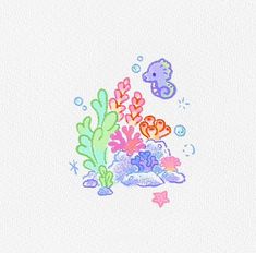 a drawing of sea animals and corals on a white background