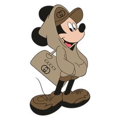 mickey mouse in a hoodie with a bag on his back and the name disney written on it