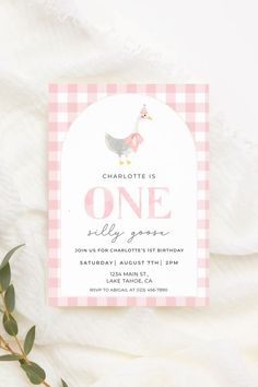 a pink and white gingham birthday party card with an image of a chicken on it