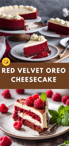 red velvet oreo cheesecake with fresh raspberries on the side and in front