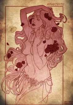 a drawing of a woman with long hair and flowers on her head, in pink