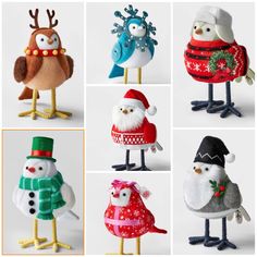 six different types of stuffed animals wearing christmas sweaters and hats, all in various poses