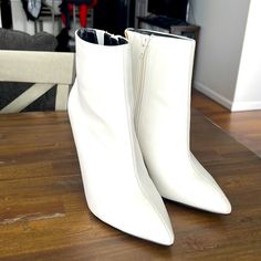 Seriously Stunning Express White Booties I Wanted To Love These So Bad But I Am An 8 And The 7.5 Was Too Small! Never Worn, Still Has The Sticker On The Bottom Front Purchase Heeled Boot Zip Up Sides White Pointed Toe Boots For Office, White Pointed Toe Office Boots, Elegant White Booties Medium Width, White Spring Office Boots, White Booties, White Heels, Heeled Boots, So Cute, Zip Ups