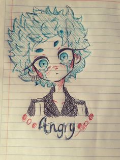 a drawing of an angry girl with blue eyes and curly hair, on lined paper