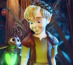 an animated character with a green light in his hand and a small creature behind him