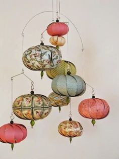 an assortment of hanging ornaments in various colors