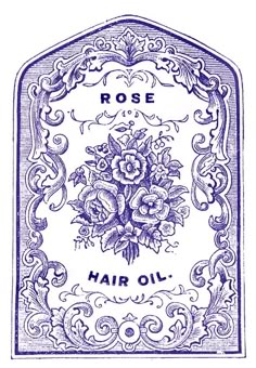 a blue and white drawing of flowers in a frame with the words rose hair oil