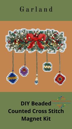 "Garland" Mill Hill Counted Cross Stitch Glass Bead Magnet Ornament Kit  Makes 1 Magnet  Size - 3.5" x 3"  Kit contents:  - Mill Hill Glass Beads  - Mill Hill 14ct perforated or painted perforated paper  - Mill Hill Glass or Crystal Treasure  - Floss  - Needles  - Magnet  - Chart