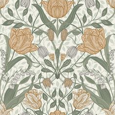 a floral wallpaper with orange flowers and green leaves