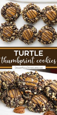 chocolate turtle cookies with peanut butter drizzled on top and pecans in the middle