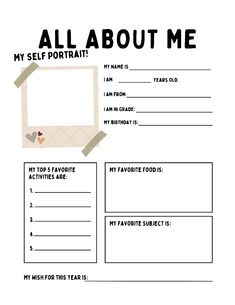 an all about me poster with the words,'my self portrait'in black and white