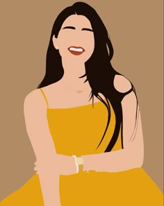 a woman in a yellow dress smiling and looking at the camera with her arms crossed