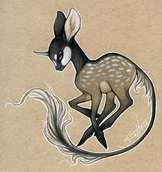 a drawing of a small animal with long legs and an antelope on it's back