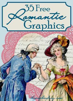 an old fashion magazine cover shows two people in dress and hats, with the title'50 free romantic graphics '