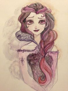 a drawing of a girl with long hair and purple dress, holding her hand on her shoulder