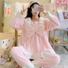 Color: Pink, Size: M Sheep Vtuber, Youtuber Dr, Kawaii Pajamas, Dr Wardrobe, Trendy Bows, Oc Outfits, Pink Pajamas, Winter Pajamas, Kawaii Style