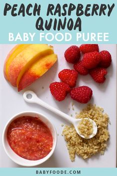 the baby food puree is ready to be made into an apple, raspberry and