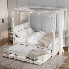 Featuring a classic canopy design, this bed frame exudes a traditional yet contemporary aesthetic, creating a charming focal point in the room. The elegant canopy structure not only enhances the overall look but also provides an opportunity for personalization—add curtains or string lights to create a cozy, whimsical atmosphere that suits your style. This bed is designed with functionality in mind. It includes a trundle for an extra sleeping space, making it an excellent option for those looking 4 Poster Bed With Curtains And Lights, Canopy Bed With Storage, Bed Frame With Canopy, Cute Bed Frames, Silver Bed Frame, Full Trundle Bed, Canopy Bed With Curtains, Ravenclaw Bedroom, Canopy Storage Bed