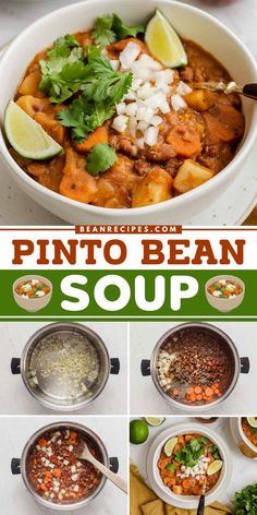 This homemade soup is a hearty dinner recipe with canned pinto beans! Nothing will warm you up like this yummy comfort food. Rich, creamy, and filling, this easy pinto bean soup hits all the right notes! Plus, it happens to be vegan! Bean Soup With Potatoes, Bean Soup Mix Recipe, Pinto Bean Soup Recipes, Potatoes And Tomatoes, Vegan Bean Recipes, Soup With Potatoes, Pinto Bean Soup