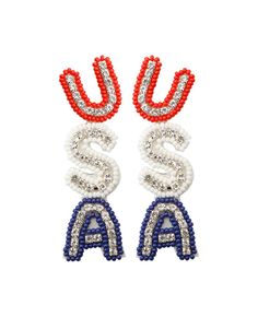 Get 10% off now! Buy handmade beaded letter usa earrings for american independence day at cheap price online. Free stable shipping and pro since 2009. 4th Of July Earrings, Patriotic Earrings, 4th Of July Parade, Bead Embroidery, Fringe Earrings, Light Weight Earrings, Vintage Bohemian, Tassel Earrings, Red White Blue