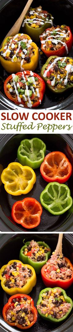 the steps to make slow cooker stuffed peppers are shown in three different stages, including being cooked and cooking