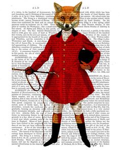 a fox in a red coat and hat with a whip on it's head