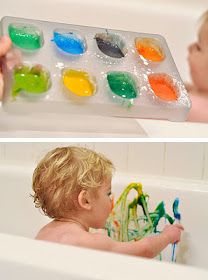 two pictures of a toddler playing in a bathtub with paints on the tray