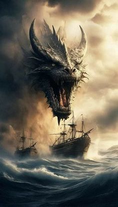 a dragon attacking a ship in the ocean with it's mouth open and teeth out