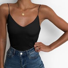 Chic and sleek tank top Shiny black poly blends 20" Black Top Outfit Summer, Neck Top Outfit, Black Top Outfit, Top Jeans, Womens Tops Dressy, Top Outfit, Summer Fashion Dresses, V Neck Top, Fashion Dresses Casual