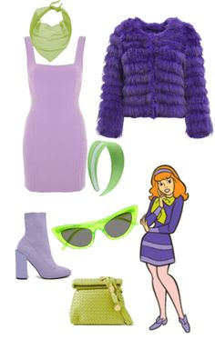 a woman wearing purple and green clothing with accessories