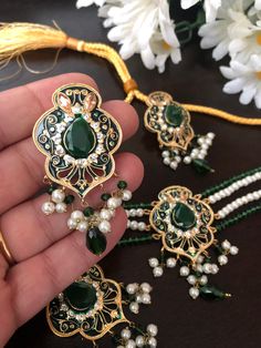 This beautiful set speaks for itself. Get your hands on this Hyderabadi champagne and emerald meena kari stones necklace /choker,earrings,mang tikka set. Set includes : necklace, earrings,tikka, In stock and ready to ship. Hand crafted and gold plated kundan indian/pakistani jewelry Material:brass,stone,gemstone,pearl We bring you casual as well as party wear jewelry which comes with an attractive design and style. It goes well modern and traditional outfits. Visit my website for more collection Green Jewelry Sets For Wedding And Eid, Intricate Jewelry Sets For Diwali Party, Elegant Green Tikka For Parties, Kundan Bridal Sets For Eid Gift, Traditional Jewelry Sets With Intricate Design For Party, Stone Work Jewelry For Eid Party, Eid Gift Kundan Bridal Sets, Tilla Jewelry For Eid And Party, Party Jewelry With Stone Work For Eid