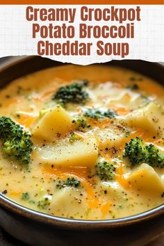 creamy crockpot potato broccoli cheddar soup in a brown bowl