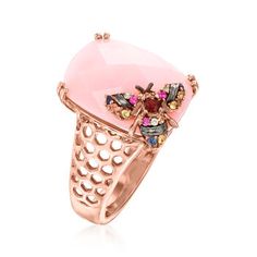 Ross-Simons - Pink Opal Bumblebee Ring, .10ct t. w. Multicolored Sapphire, Garnet Accent Over Sterling. Size 8. An RS exclusive. Here's a sweet treat that won't break the beehive! On the ring, a chic bumblebee dressed in .10 ct. t. w. round multicolored sapphires and a garnet accent finds its resting place on a fabulous 16x12mm rectangular cushion-cut pink opal. Set in polished 18kt rose gold over sterling silver. Black rhodium. 5/8" wide. Pink opal bumblebee ring. Garnet birthstones are the per Promise Ring Band, Pink Engagement, Rhodolite Garnet Ring, Garnet Birthstone, Colored Stone Rings, Ethiopian Opal Ring, Beautiful Wedding Rings, Diamond Gift, Anniversary Jewelry