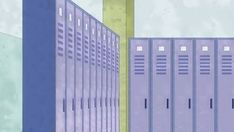 two tall purple lockers next to each other in front of a green wall and blue sky