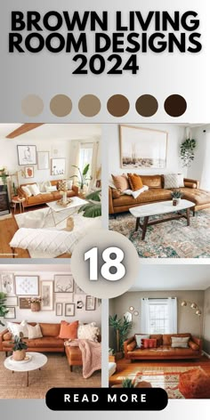 the brown living room design is shown in four different pictures